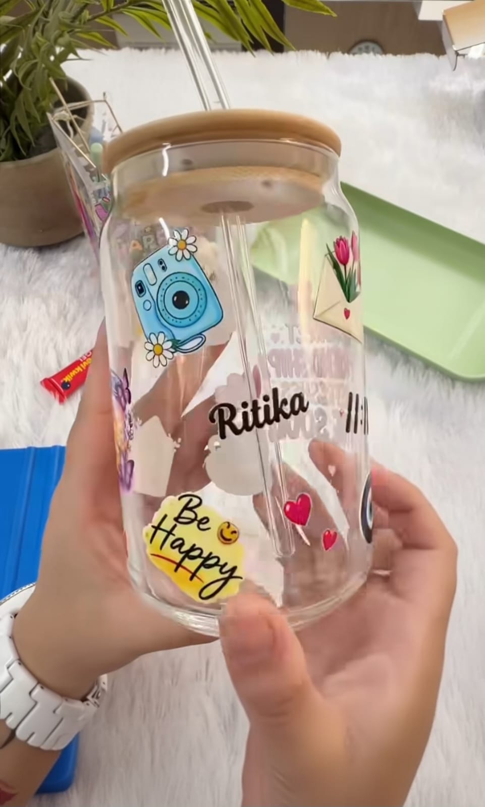 Personalized Custom Glass Tumbler Bamboo Lid Sipper Jar Pushkar Rajasthan